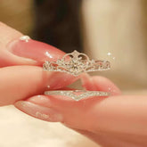 Princess crown lab-grown diamond ring set on hand, 18K white gold, 0.65 ct total